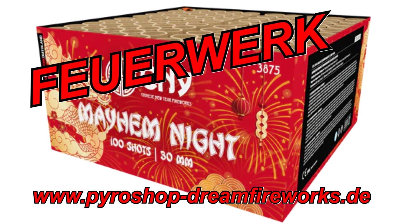 3875 - MAYHEM NIGHT 100 Schuss Kal.30mm NEM 1970g BEST Preis Garantie pyroshop-dreamfireworks.de