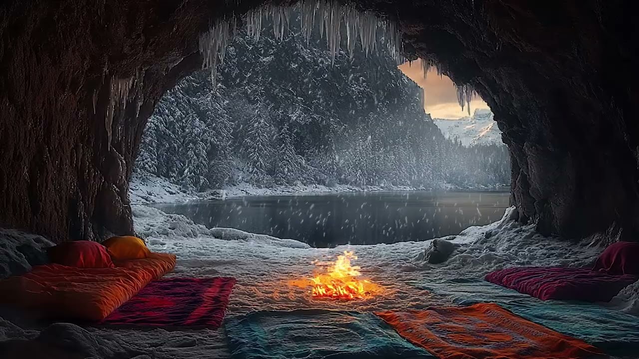 The Cave Stays Warm as the Snowstorm Continues | Night Wind and Fire Sounds