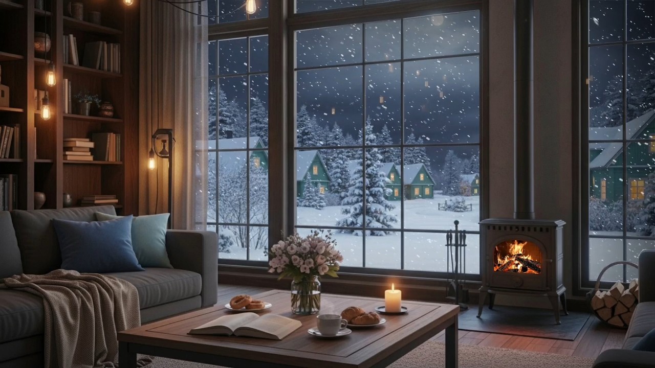 Beautiful Winter Jazz Café ❄️❄️ Cozy Coffee Shop Ambience & Fireplace Sounds for Study & Work