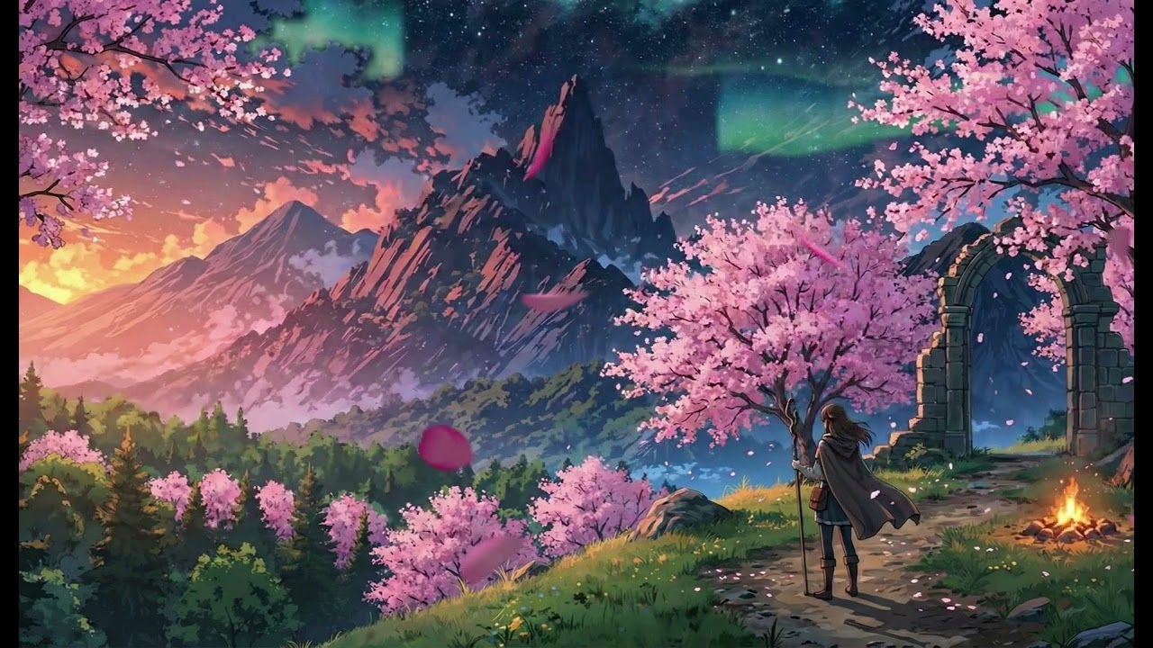 Mystic Spring Ruins: Cherry Blossom Night Ambience | 1 Hour Magical Fantasy Music