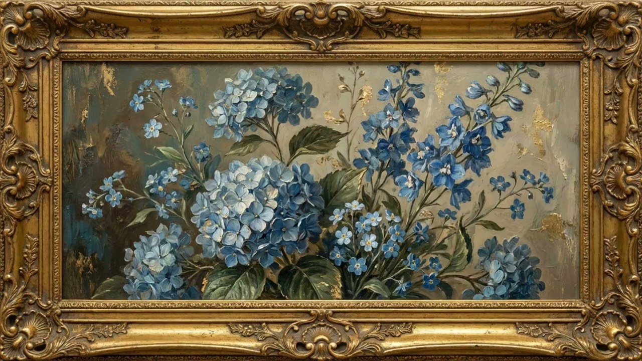 Vintage Blue Flowers 4K TV Art Frame | Classical Oil Painting Screensaver