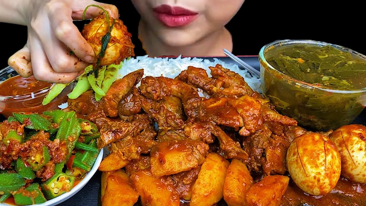 MUKBANG EATING||SPICY BOILED CHICKEN EGG, CHICKEN CURRY, POTATO CURRY & SPICY LADY FINGER CURRY