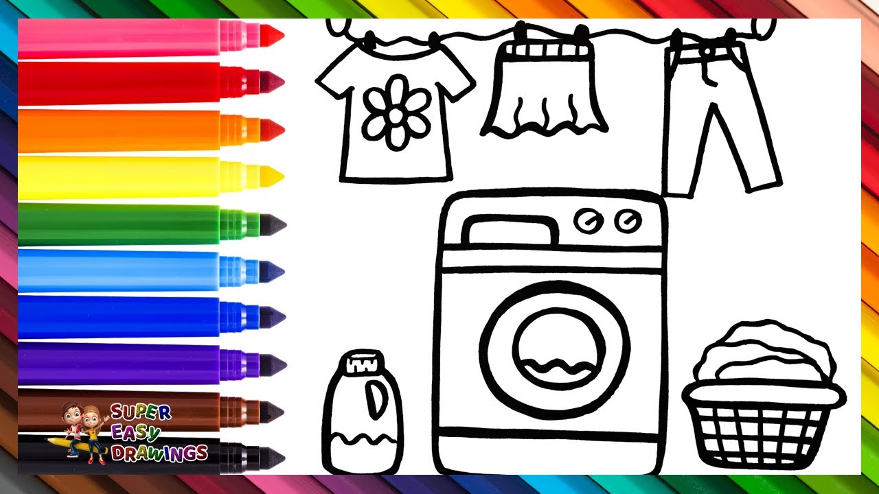 Draw and Color a Washing Machine with Accessories 🧼🧺👚👖 👗🌈 Drawings for Kids