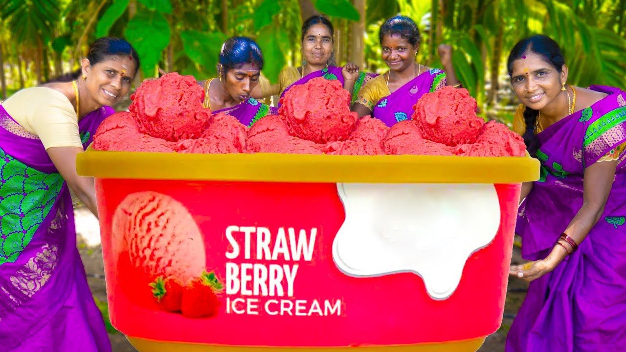 BIG STRAWBERRY ICE CREAM RECIPE | Homemade ice cream making | Village Style