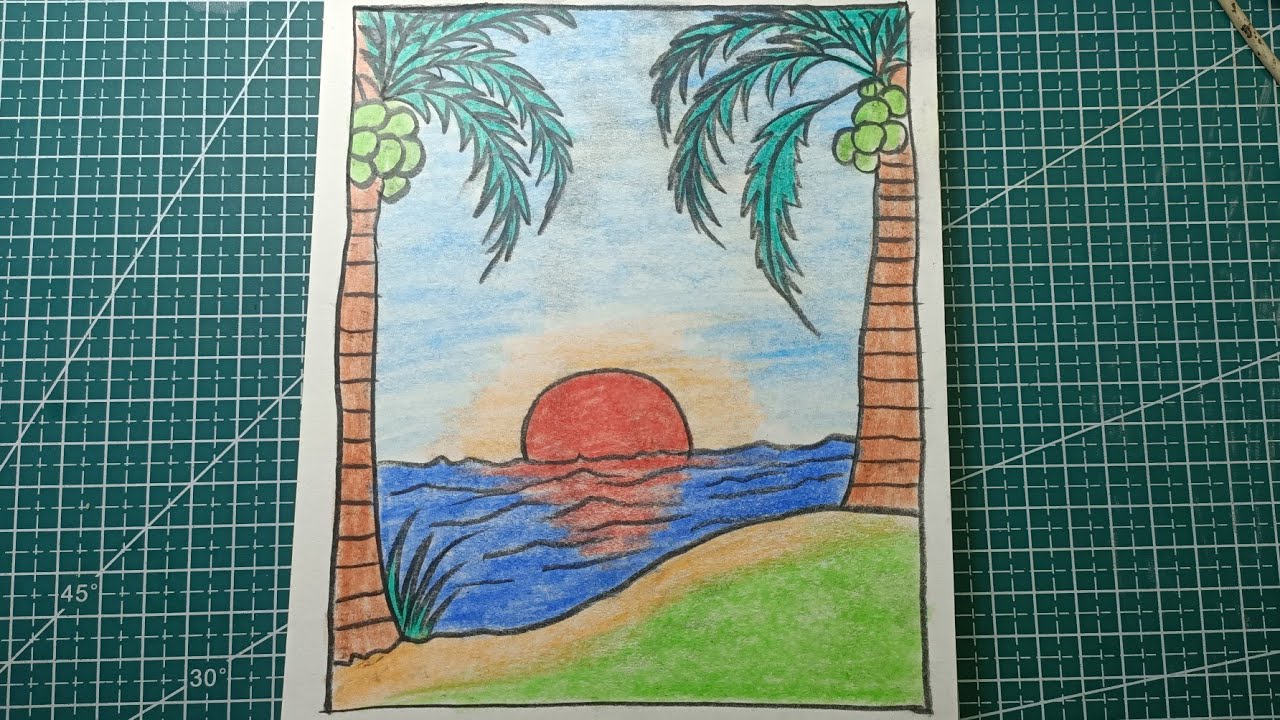 Scenary Drawing sunset Easy Drawing