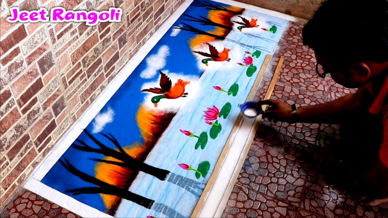 Big and Beautiful Scenery rangoli. Poster rangoli with ducks.
