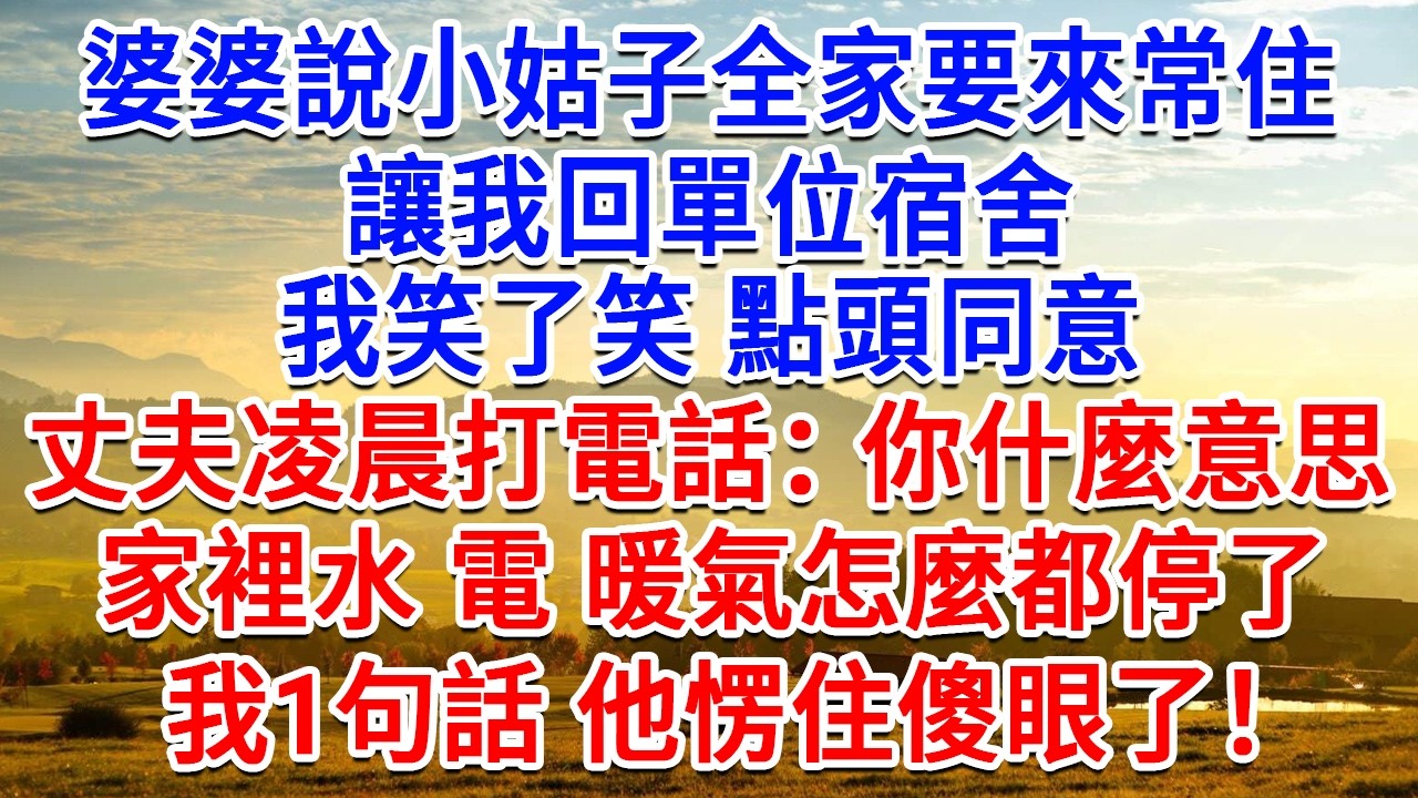 婆婆說小姑子全家要來常住，讓我回單位宿舍，我笑了笑點頭同意，丈夫凌晨打我電話：你什麼意思，家裡水 電 暖氣怎麼都停了！我1句話他愣住傻眼了！#為人處世#生活經驗#情感故事#故事#小說#戀愛#情感#婚姻
