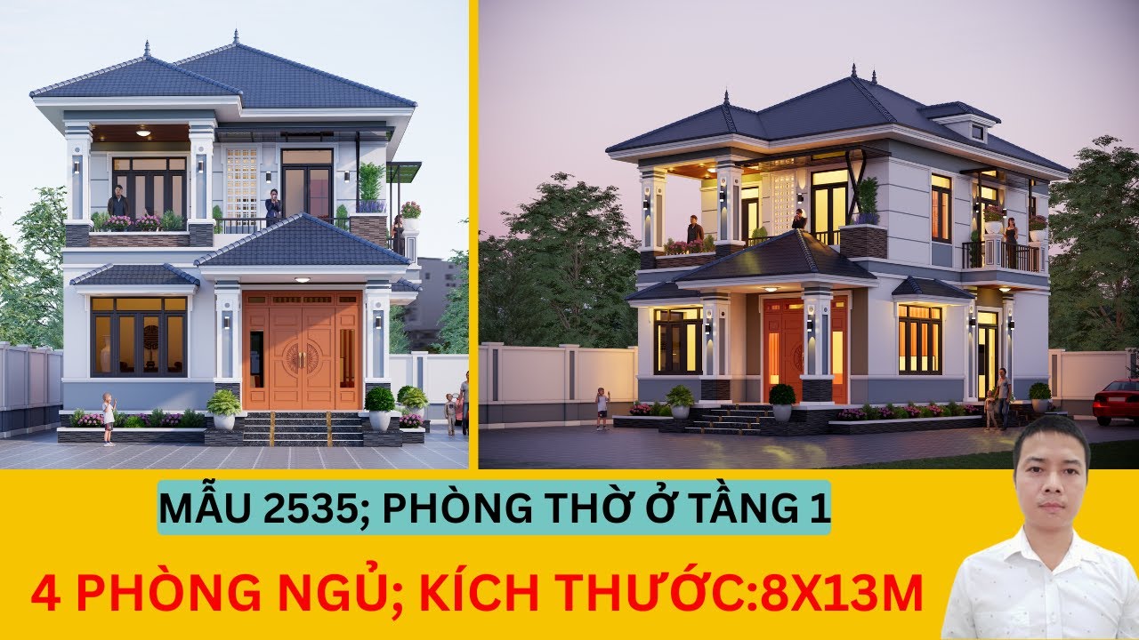 Mẫu 2535 - Nhà Mái Nhật 2 Tầng Có Phòng Thờ Tầng 1 – Bố Trí Chuẩn Phong Thủy - Kích Thước 8x13m