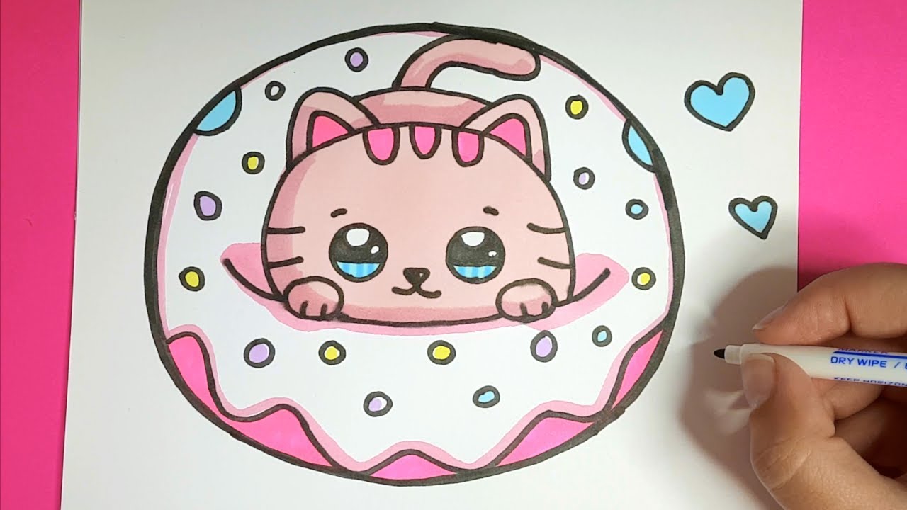 Kawaii Baby Katze in einem Donut malen - Kawaii BIlder