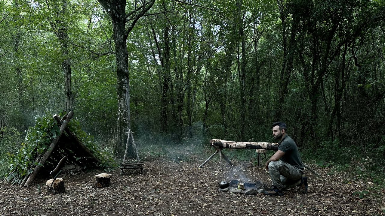 Building a BUSHCRAFT SHELTER, 2 Days SOLO CAMPING, Cooking Delicious FOREST meals - Start to Fnish