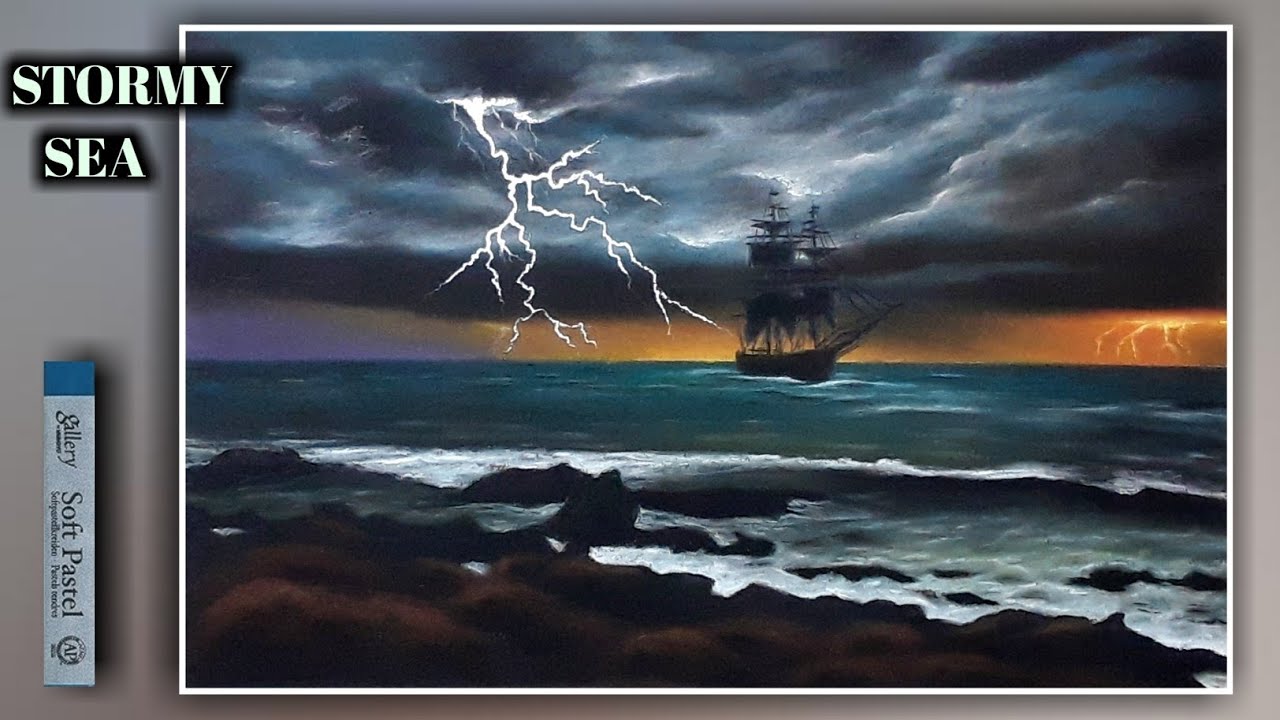 How To Draw Stormy Sea, Seascape At Night | Stormy Seascape Painting | Soft Pastel Art