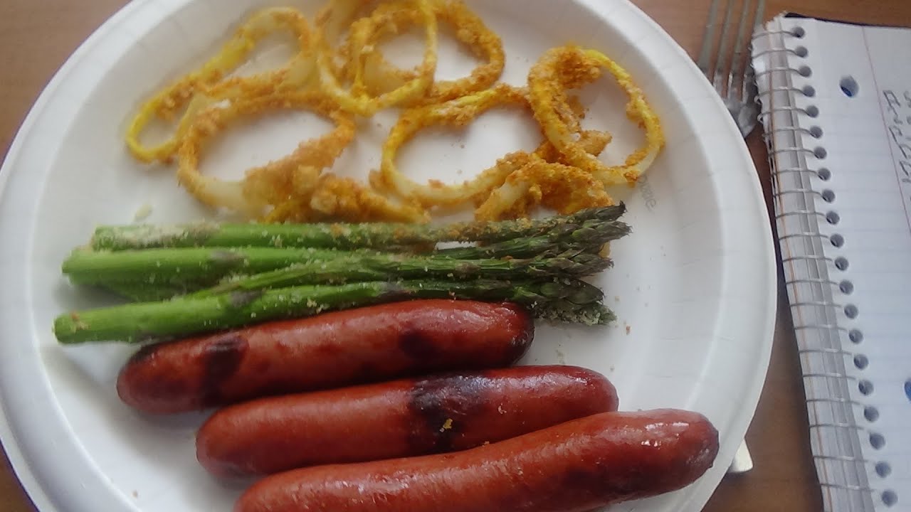 Making Hotdogs And Onion Rings And Asparagus In The Airfryer