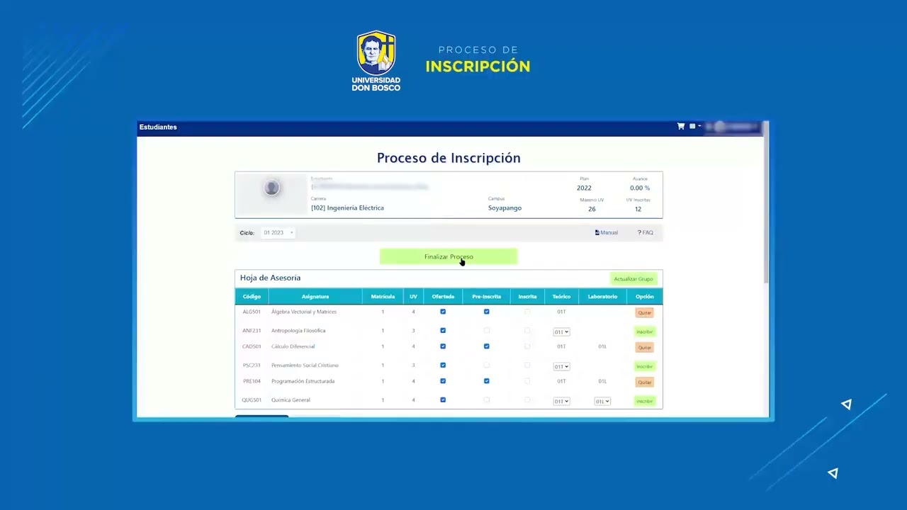 Proceso de inscripción de materias UDB