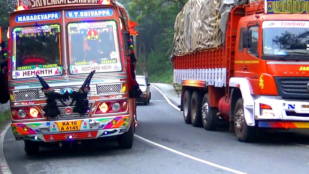 ashok leyland overtaking bharatbenz with musical horn I Dhimbam ghat road 10wheel lorry Stirling