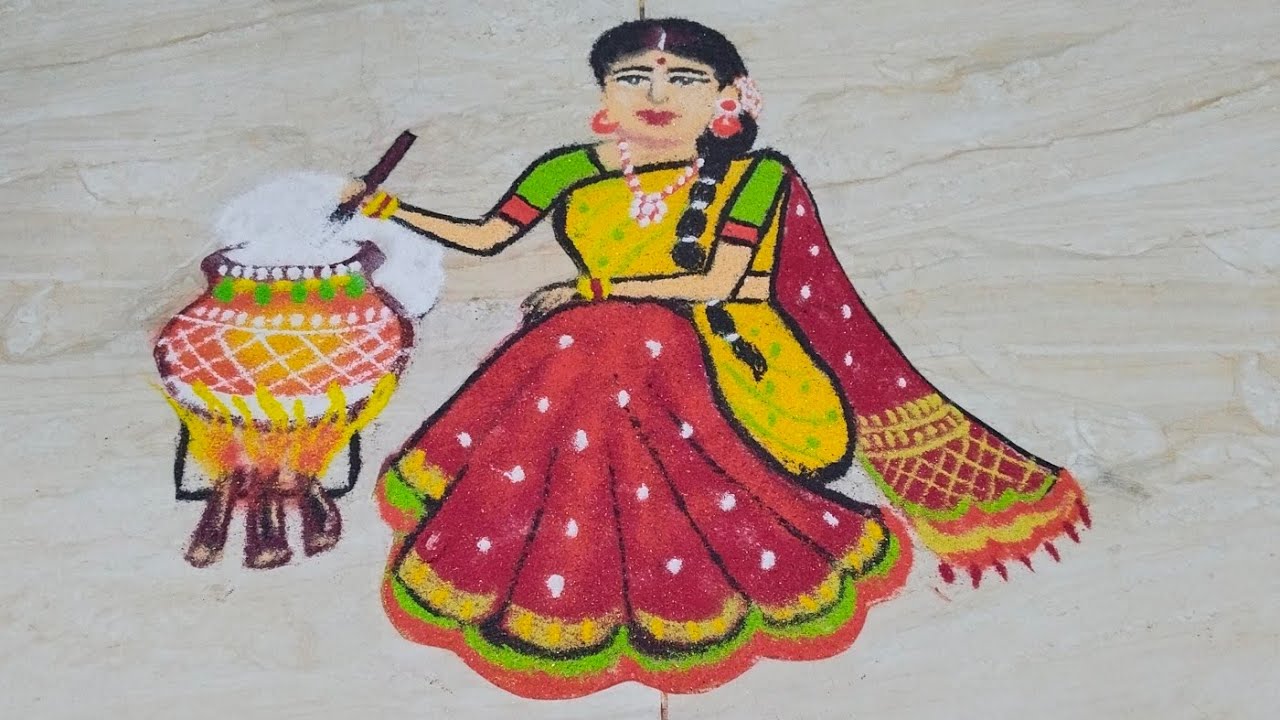 sankranti special Pongal kolam pot with traditional girl rangoli /makar sankranti mugglu
