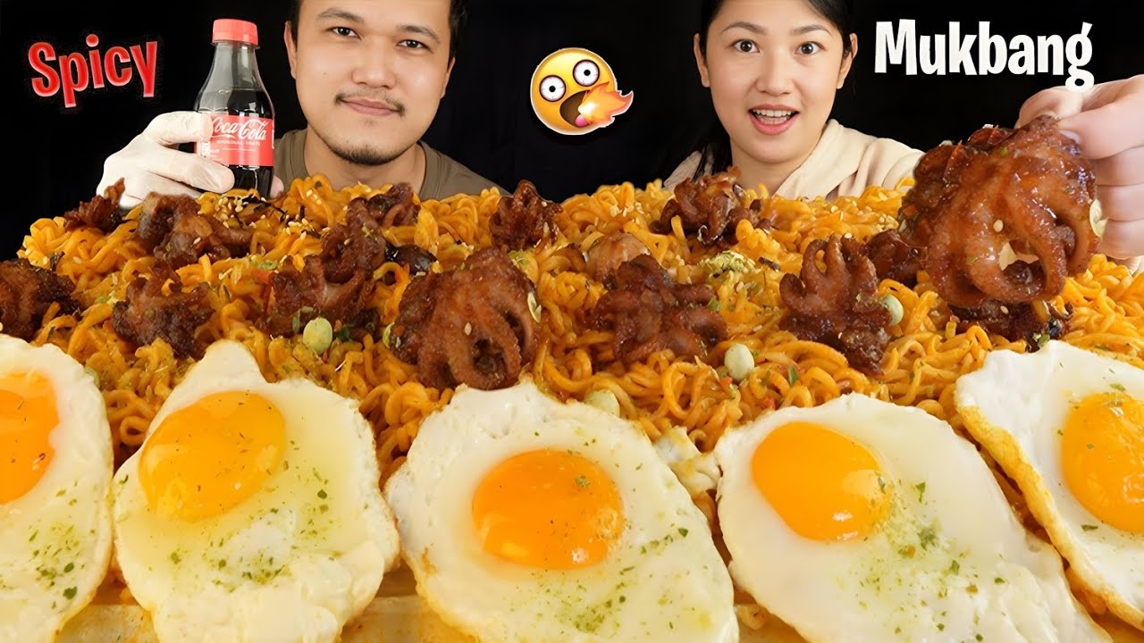 Eating Spicy Octopus 🐙 2x Buldak Ramen & Nepali Akabare Noodles | ASMR Mukbang 🔥🍜