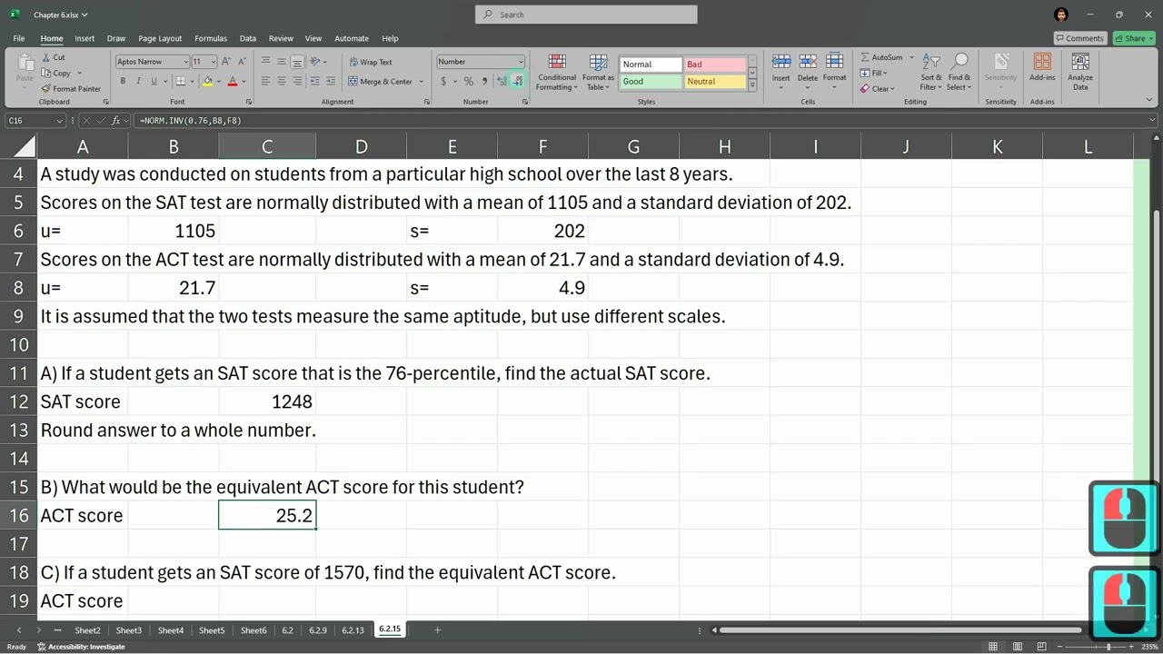 Stats 243 = 6.2.15 = Normal Distribution Score To Probability Back To Score In Excel