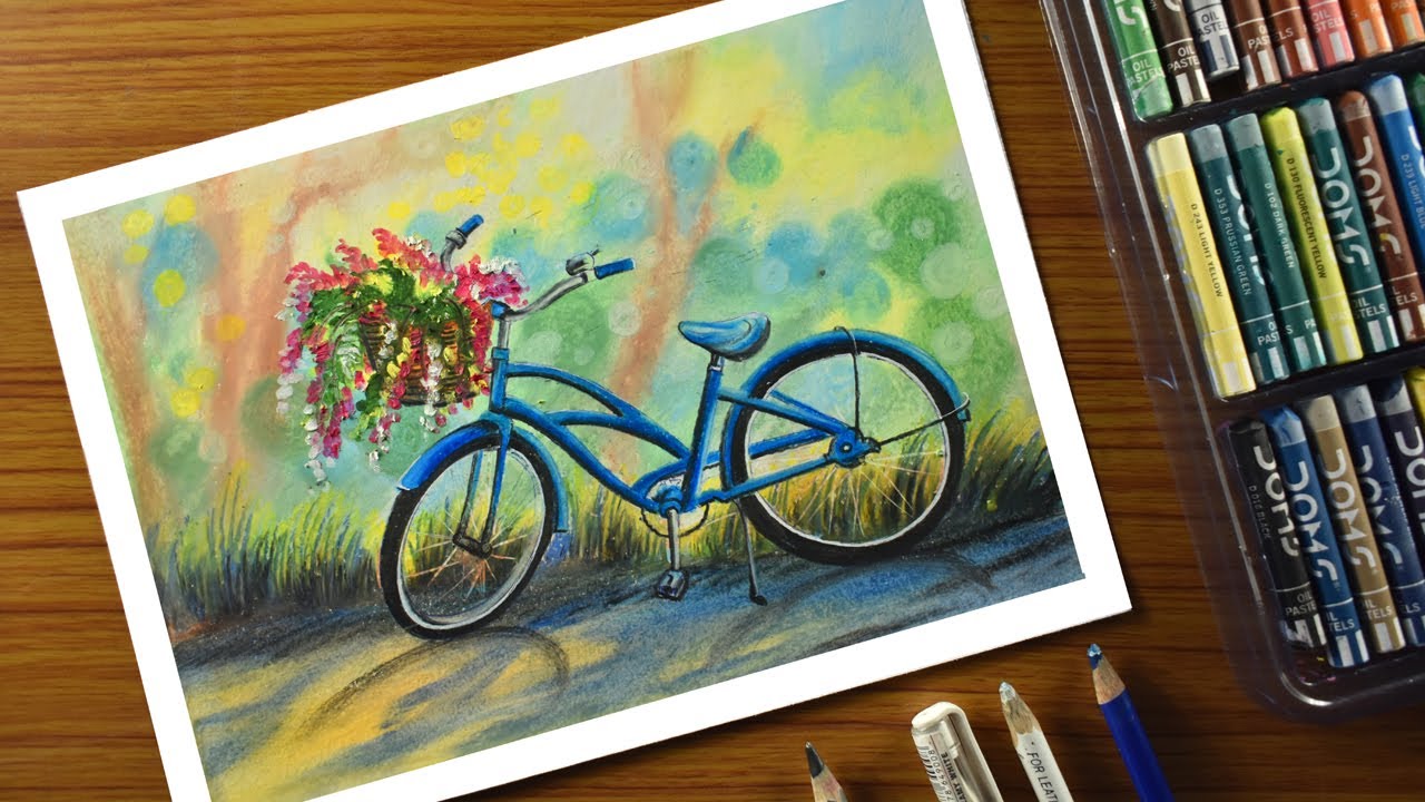 Bicycle scenery drawing with Oil Pastels - Flowers in bicycle - step by step