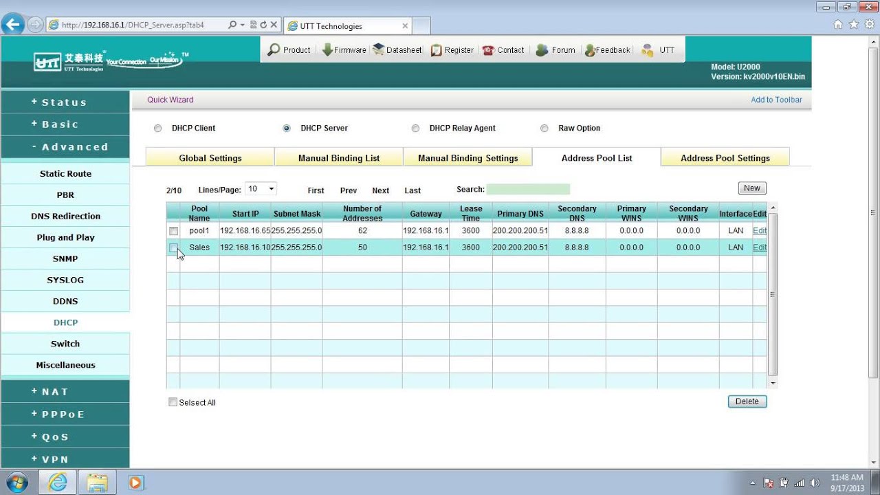 How to configure DHCP on UTT router?