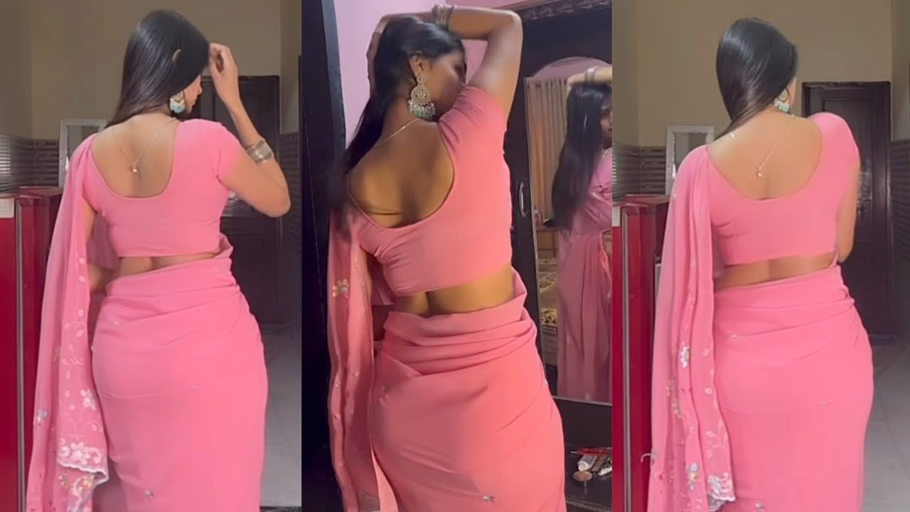 Back Pose Saree Draping Style | Pink Plain Chiffon Saree | Pink Cotton Blouse | Mirror Back Look
