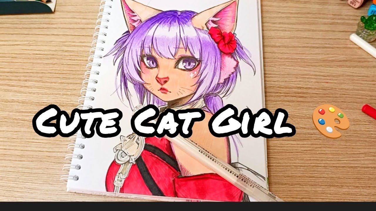 Coloring Anime Cat Girl with Markers & Colored Pencils 🐱🎨