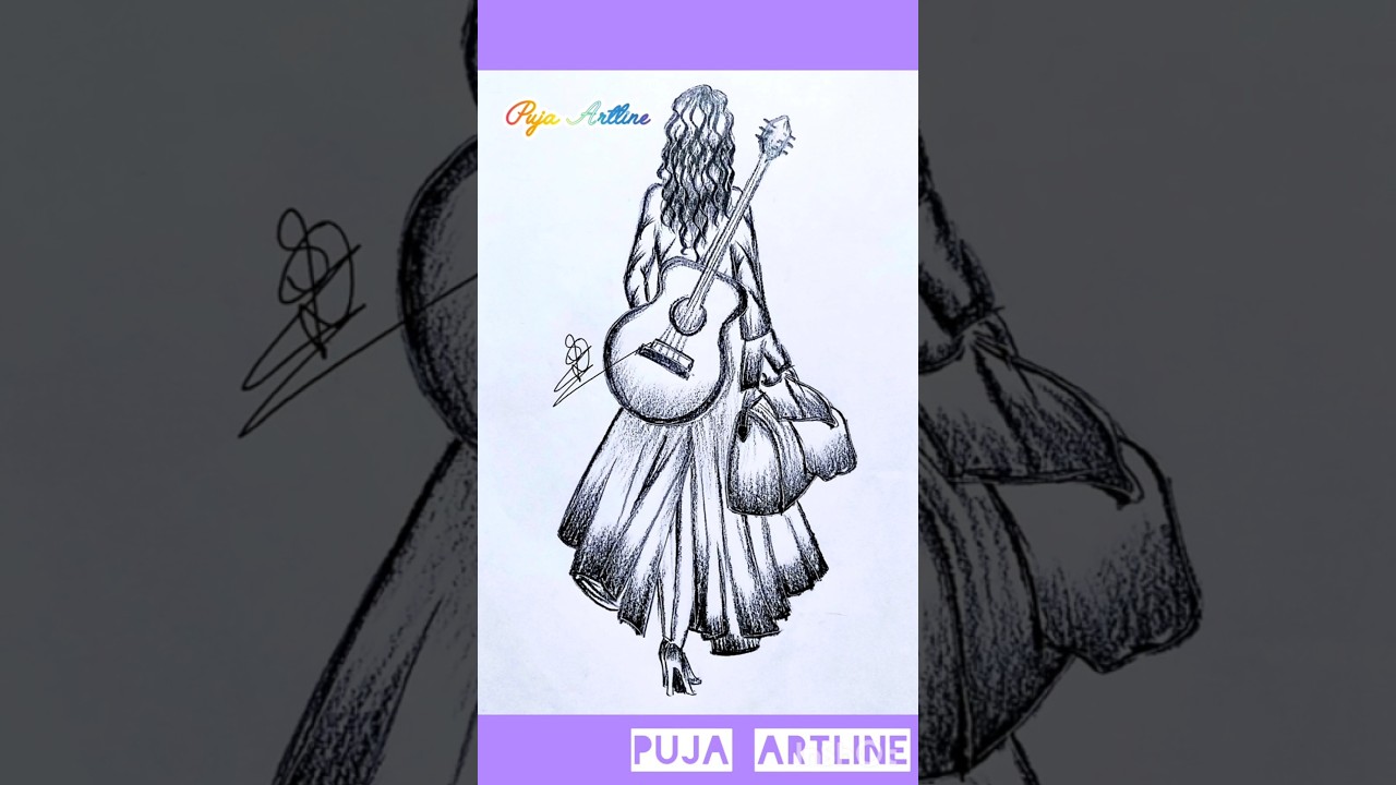 Realistic girl with guitar sketch drawing 