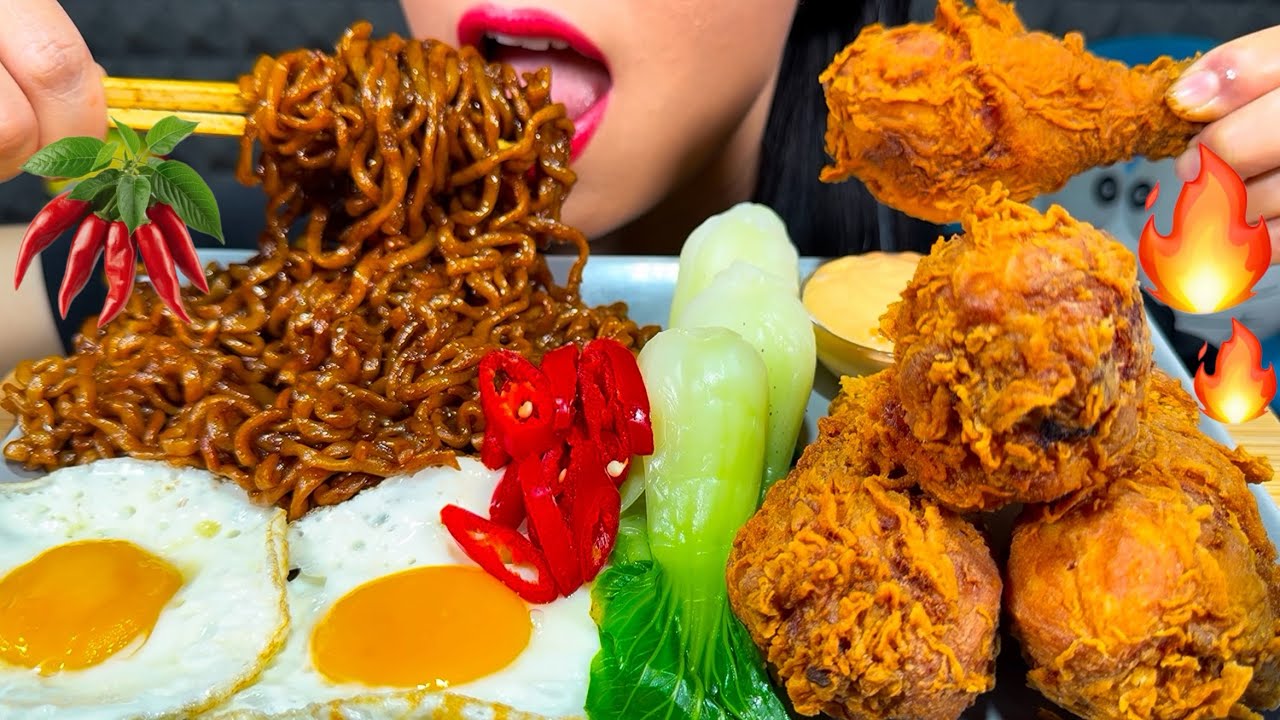 ASMR BLACK BEAN NOODLES, SPICY FRIED CHICKEN, EGGS, BOK CHOY MUKBANG MASSIVE Eating Sounds