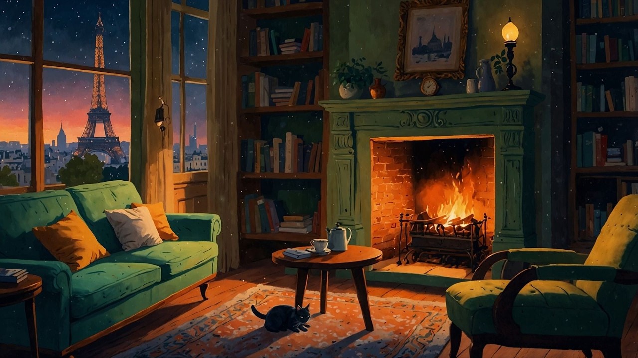 Lofi Fireplace Paris Night 🔥 Cozy Room & Eiffel Tower | Relaxing Lofi Music