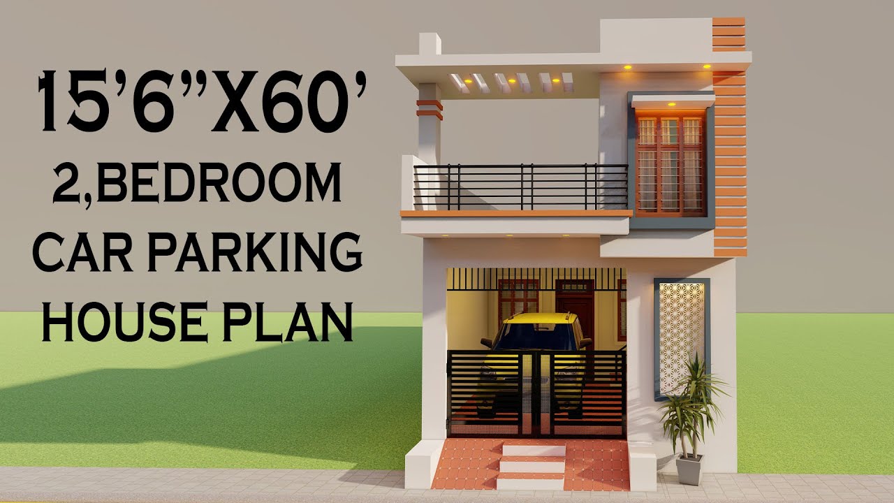 15'6" by 60' Two Bedroom Car Parking House Elevation, Single Story Car Parking House Design