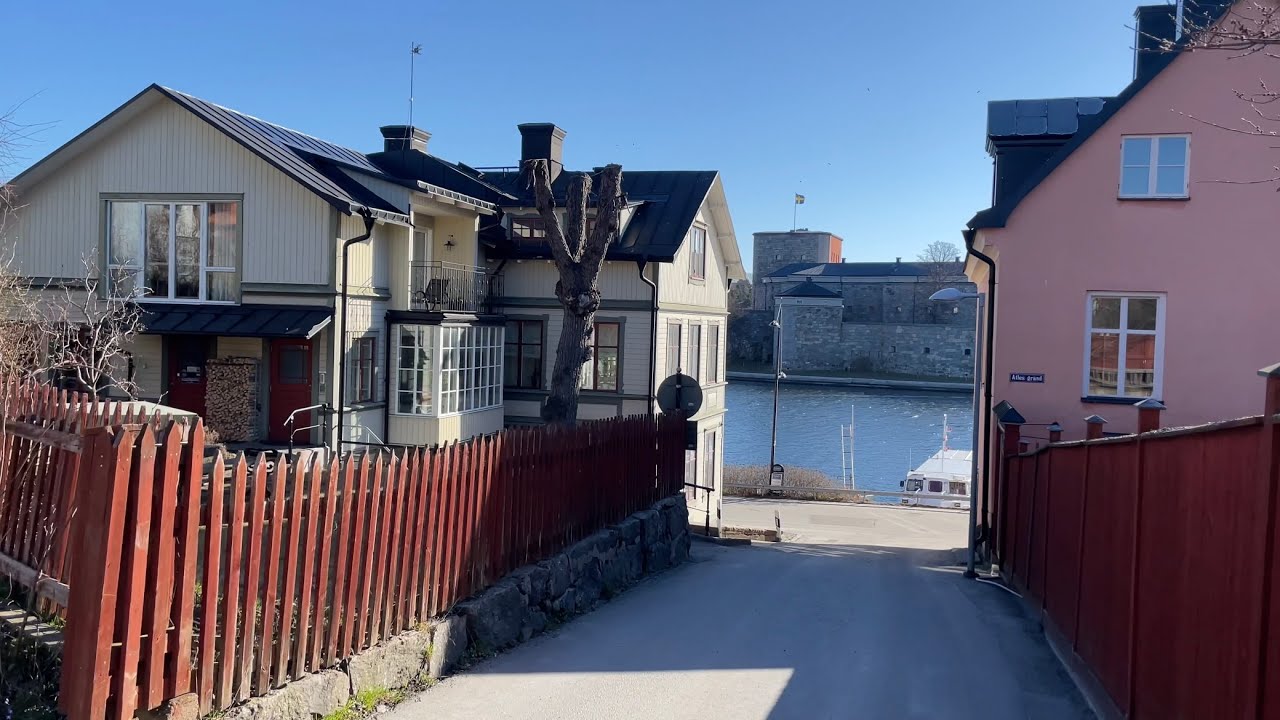 Walking in Vaxholm, the Stockholm archipelago capital. Seaside small town in the morning.