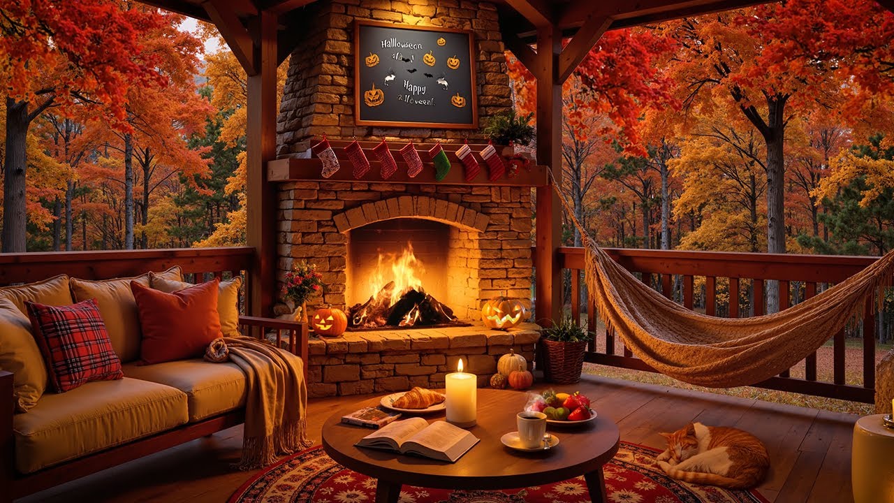 Warm Morning Jazz at Autumn Porch Ambience 🍂 Gentle Jazz & Fireplace Sounds for Stress Relief