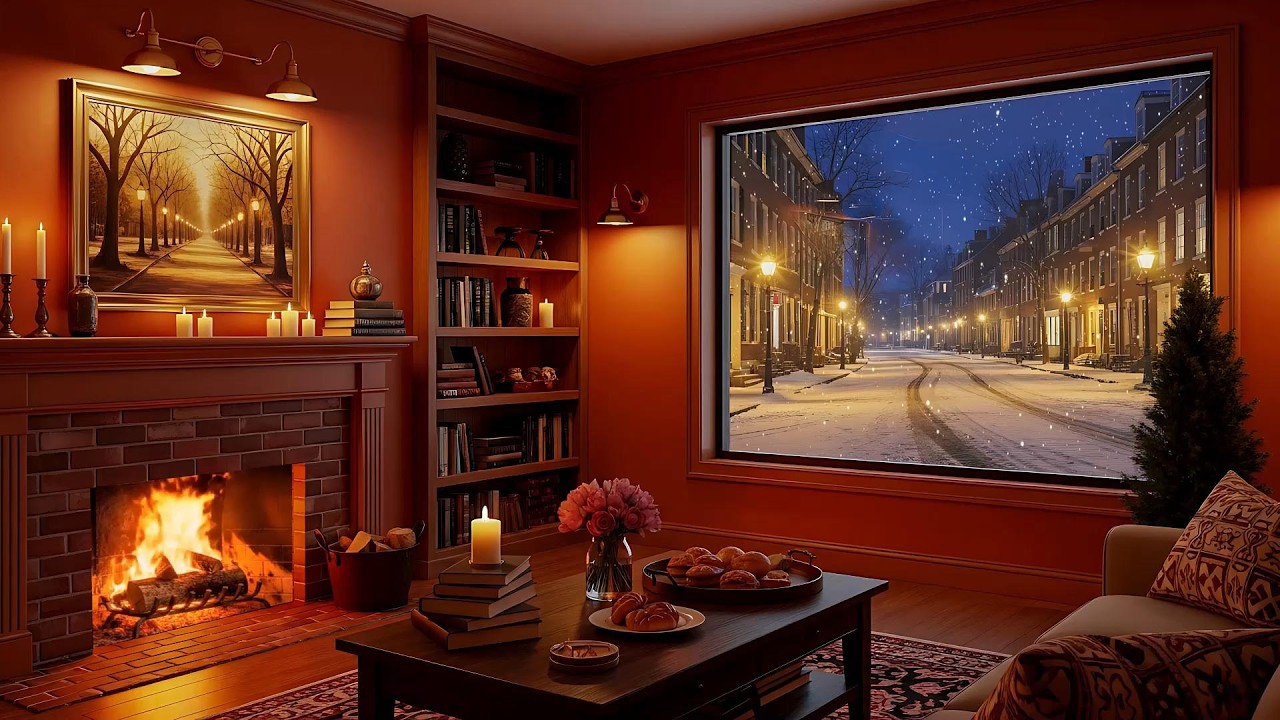 Warm Winter Evening Jazz Music ~ Peaceful Jazz Atmosphere By The Fireplace In Beautiful Coffee Shop