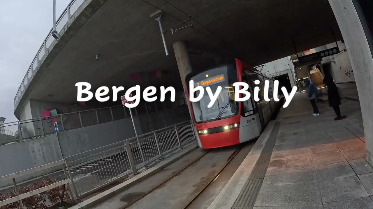 Bergen Light rail Bybanen, kristianborg to the City, on line 2. Calling at all the stops on the way.