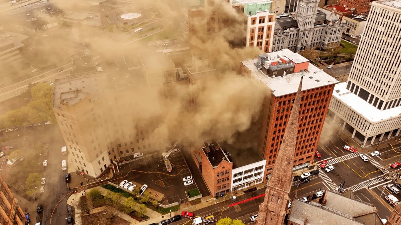 Drone video of four-alarm fire on Church Street in Downtown Buffalo