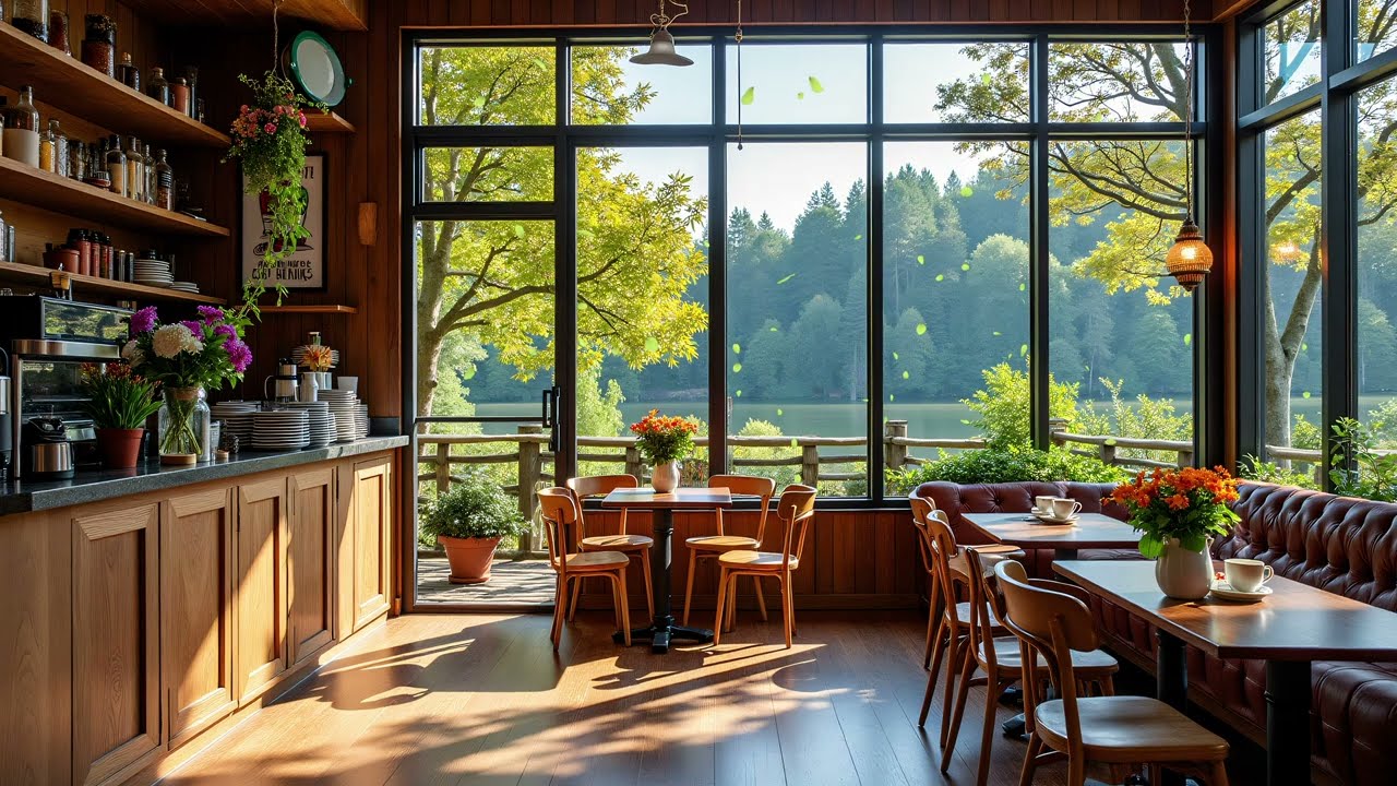 Smooth Jazz Café Ambience ☕ Happy Bossa Nova Music & Calming Lakeside Views for Ultimate Relaxation