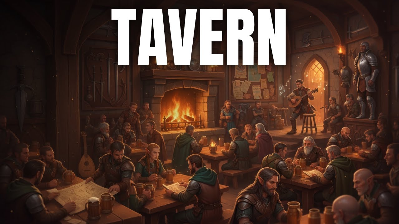 Cozy Medieval Tavern 🍻 Fireplace, Crowd Chatter & Lute Music