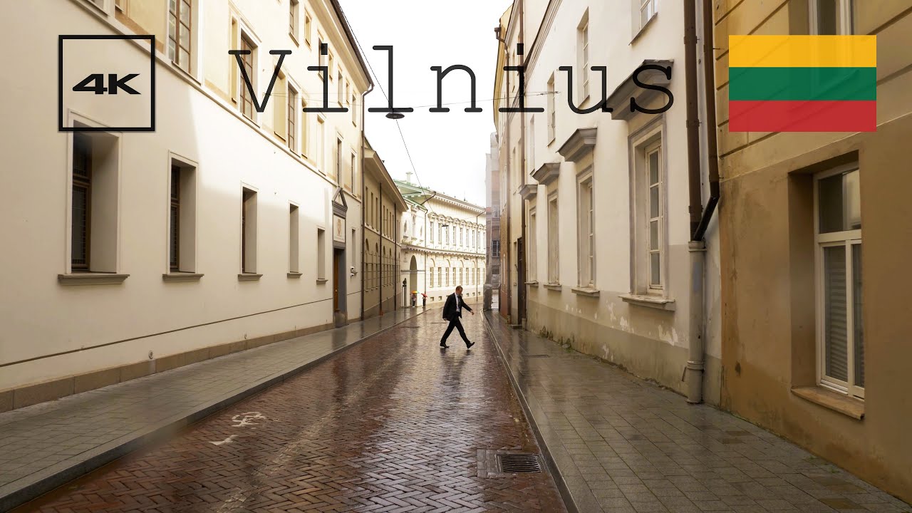 Vilnius, Lithuania 4k summer walking tour. Rain in narrow streets.