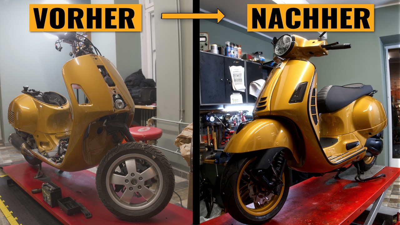 Vespa GTS 300 in Porsche Gold Vom Lackierer zurück – kompletter Zusammenbau