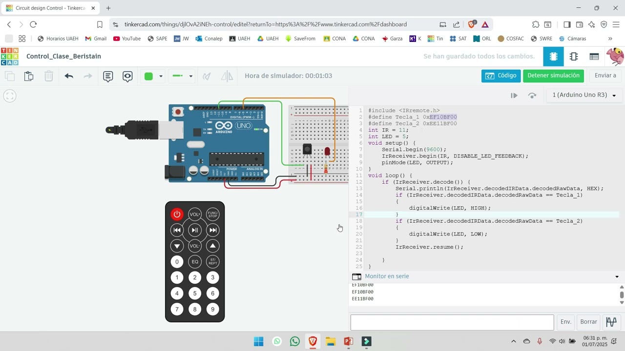 Práctica 15 Arduino.  Control remoto y led