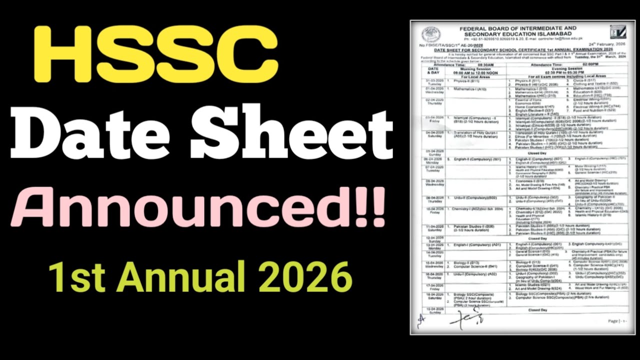 FBISE :HSSC 1st Annual Date sheet 2026?/11th & 12th.