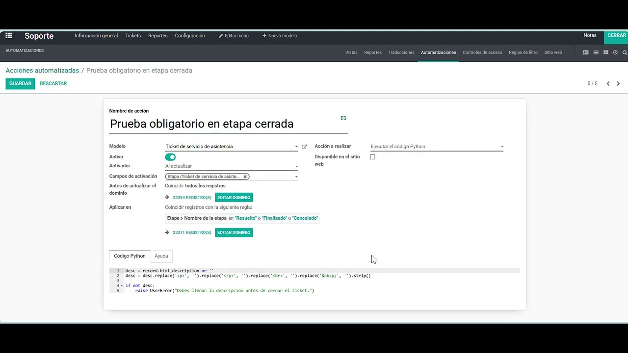 Acción automatizada con Odoo Studio