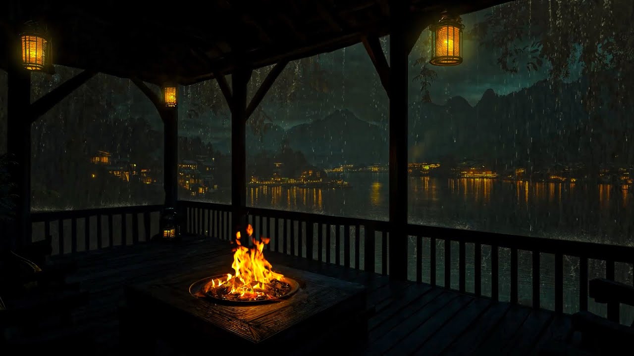 Small Wooden Cabin by the Lake on a Spring Rainy Night•Thunder&Crackling Fireplace•Deep Sleep in5Min