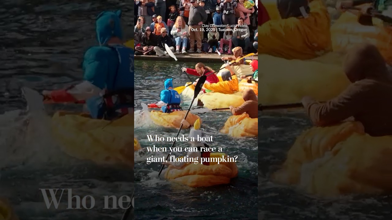 Who needs a boat when you can race a floating pumpkin?
