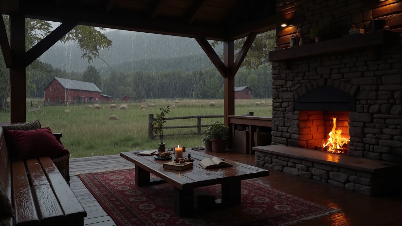 Mountain Cabin in Heavy Rain 🌧️ Warm Fireplace & Soothing Rain Sounds for Sleeping