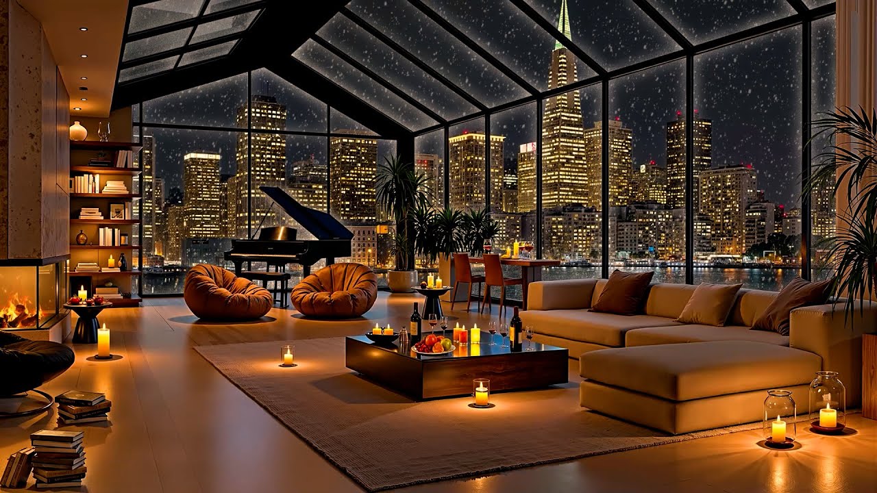 Cozy Apartment in San Francisco ❄ Soft Jazz Saxophone Music & Snowfall for Peaceful Winter Nights