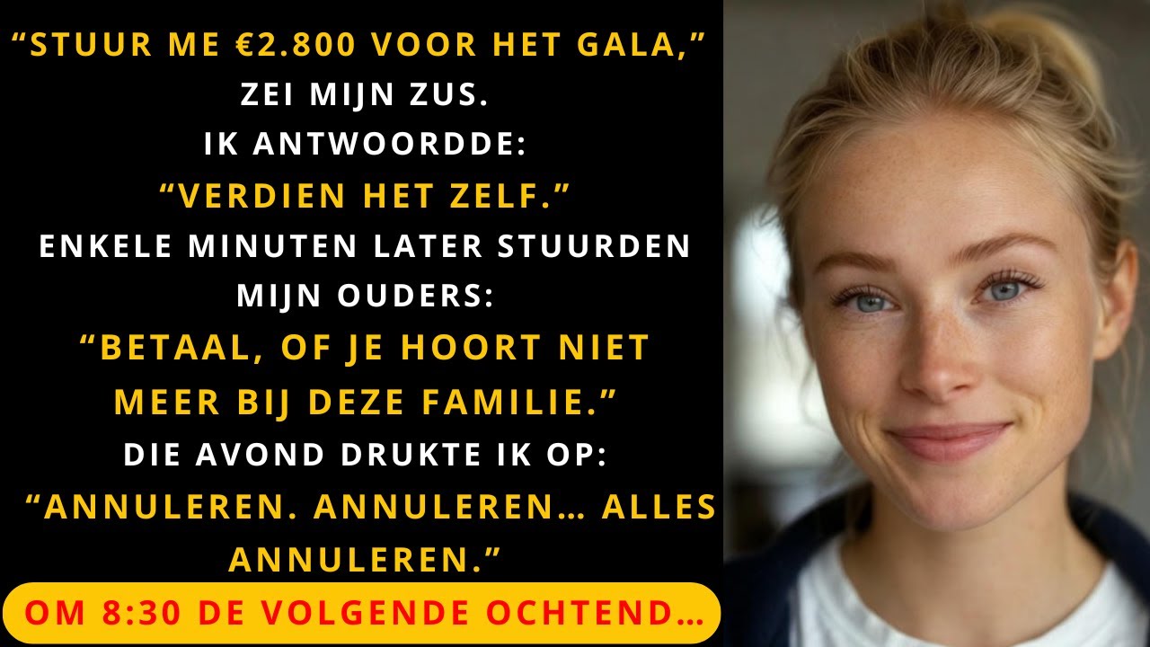 “Stuur me €2.800 voor het gala,” zei mijn zus.Ik antwoordde: “Betaal het zelf.” Minuten later…