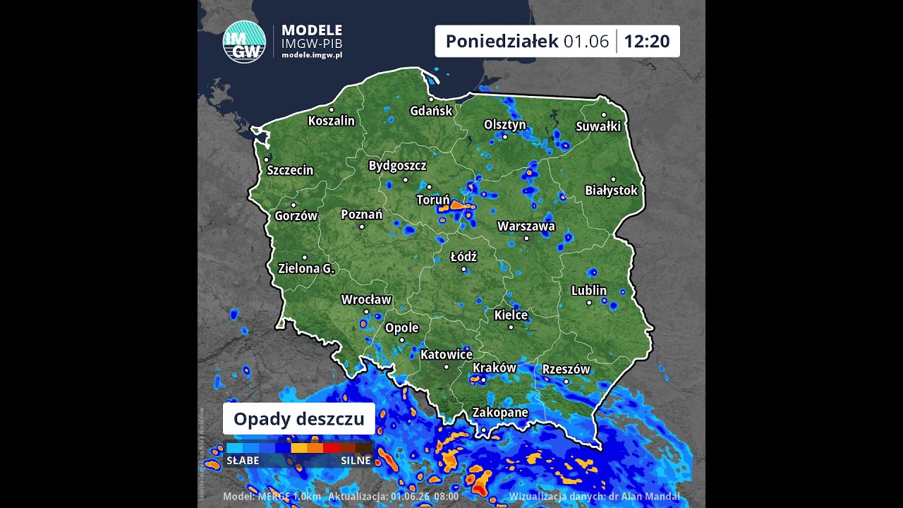 Prognoza opadu na 8 godzin (Model MERGE) 1.06.2026 #ostrzeżenia  #imgw  #ostrzeżenia  #news