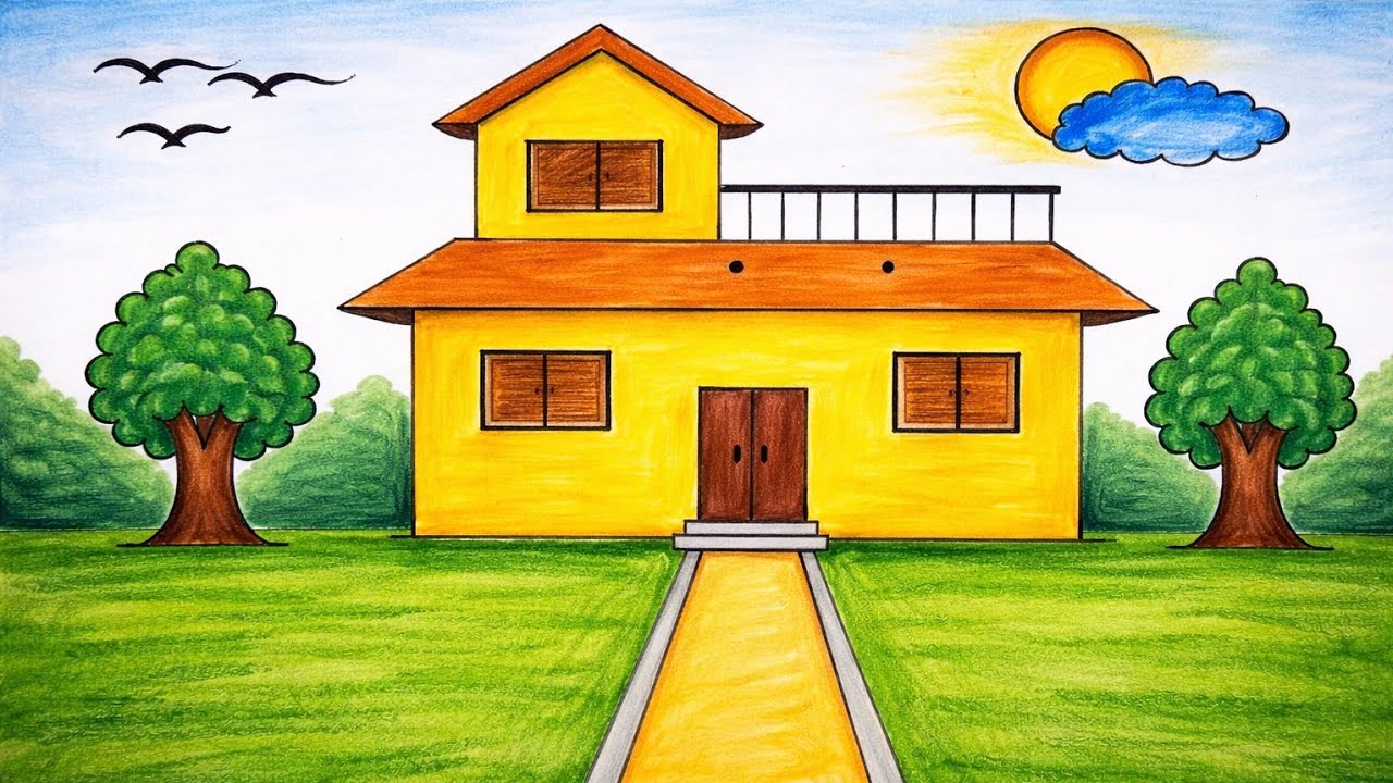 Beautiful House Drawing with Colour | EasyScenery Drawing for Beginners2 Easy House Drawing Step by 