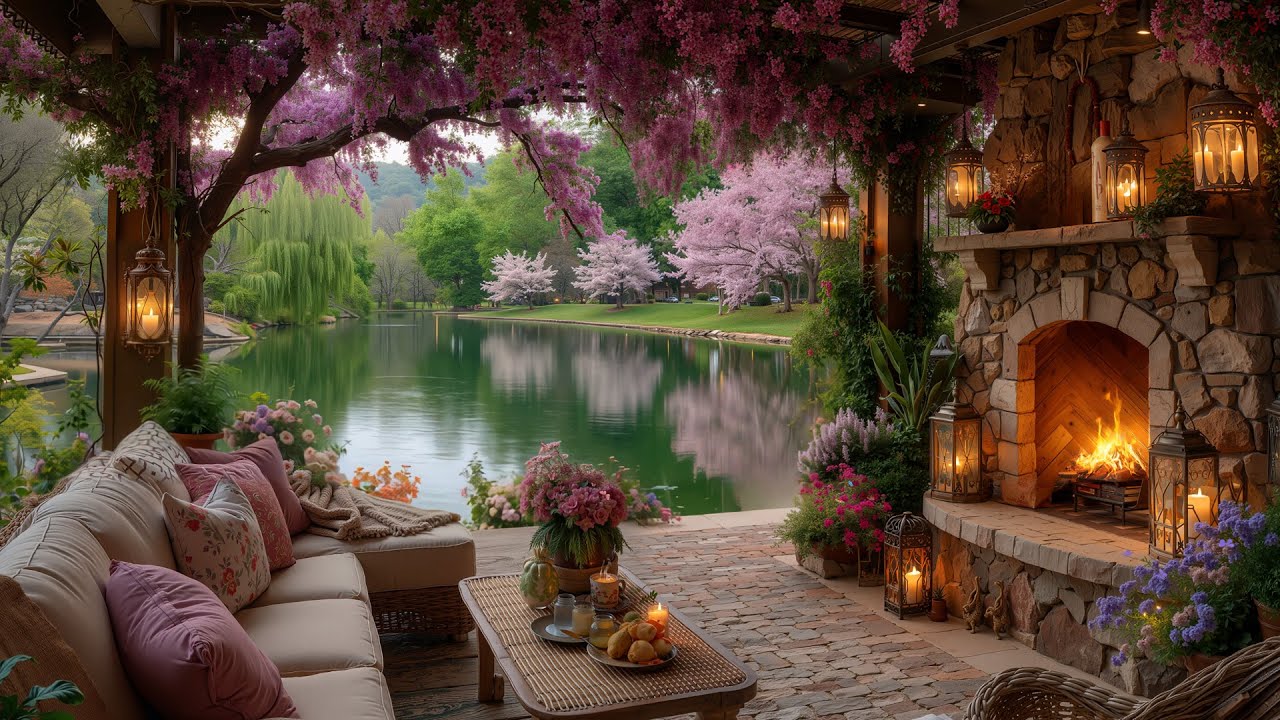 Cozy Spring Afternoon by the Lake 🌿Warm Fireplace Ambience & Gentle Piano Deep Relaxation