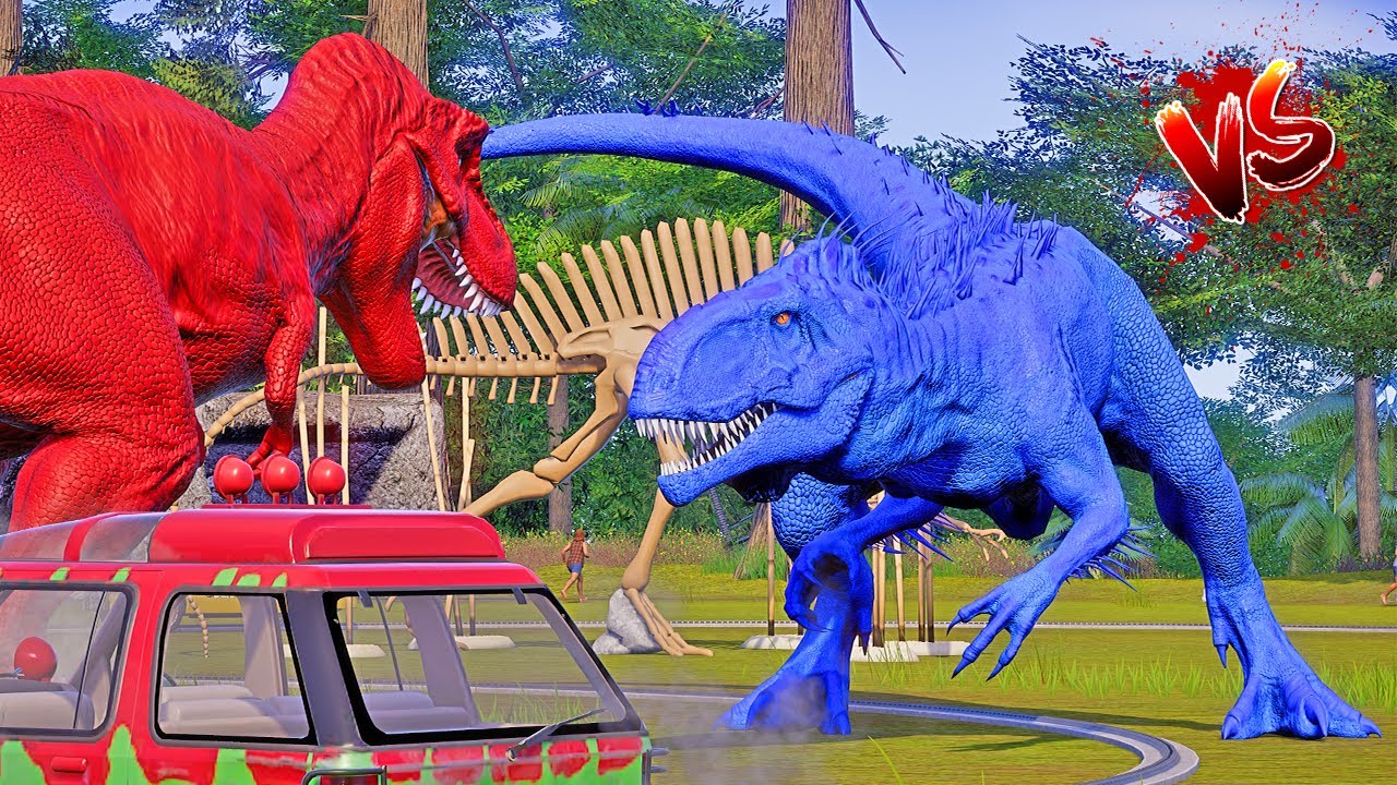 Colorful dinosaurs in Jurassic World Evolution. Blue, Red T Rex, Pink Sipinosaurus, Green,Blue I Rex